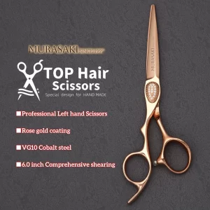6.0-7.0 inch MURASAKI Left hand scissors，Rose gold coating，VG10 metal steel barber shears，Salon Top-level hair cutting tools