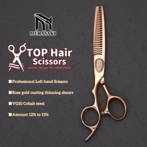 MURASAKI Professional Left hand scissors,VG10 steel hair thinning shears,6.0 inch Rose gold coating,Top-level hair cutting tools