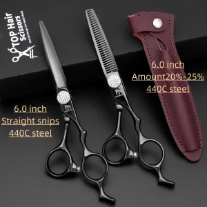 MURASAKI 6.0 inch Black scissors set，Man and woman Hair thinning shears，440C steel hair cutting machines，Barber shop accessories