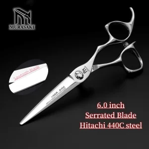 MURASAKI Serrated blade scissors，6 to 6.8 inch Professional barber scissors，Hitachi 440C steel High quality barber accessories